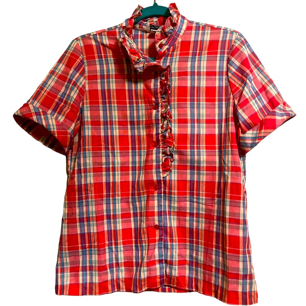 “T.L.C” vintage plaid, ruffle button-down short sleeve